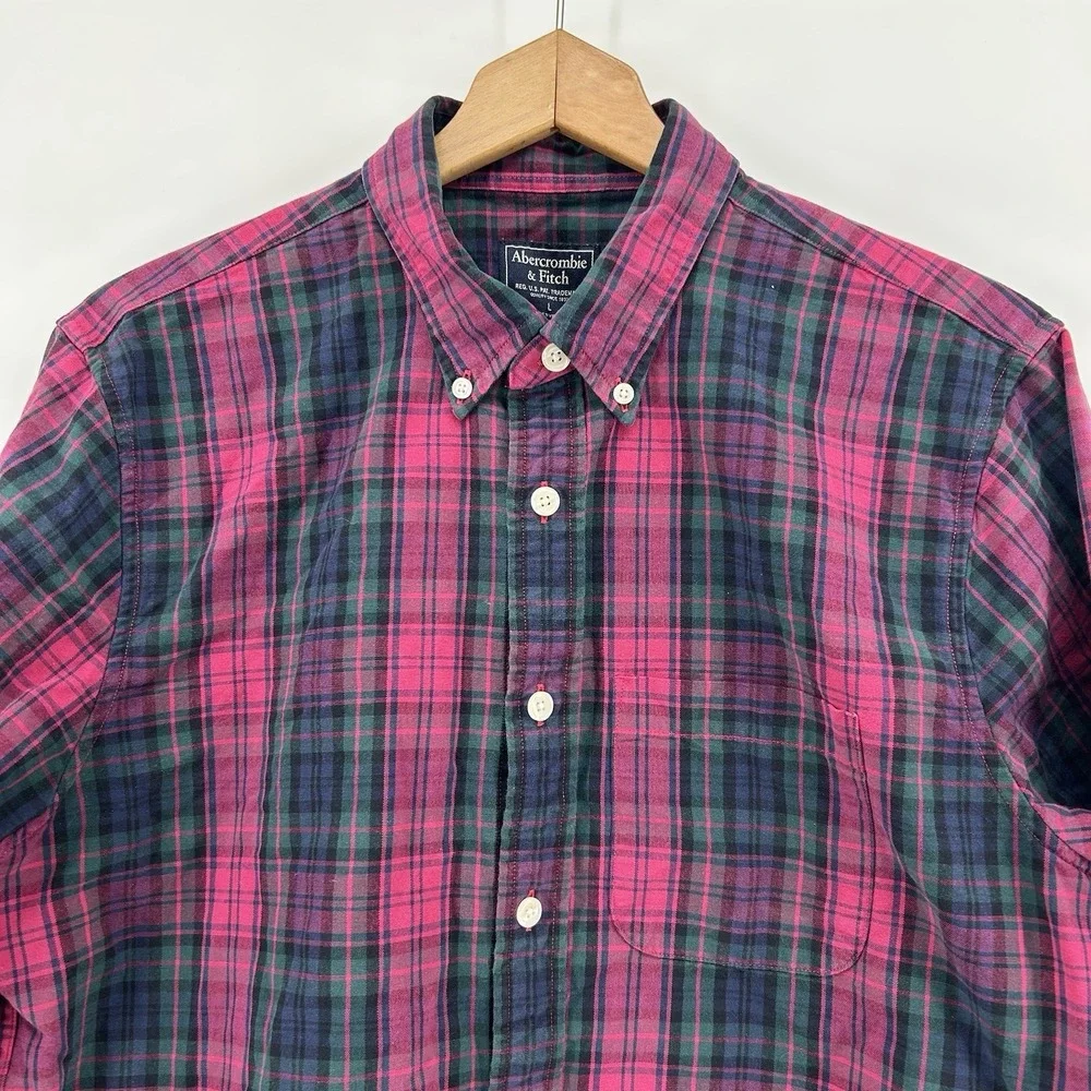 Abercrombie Fitch Shirt Mens L Red‎ Green Plaid Dadcore Preppy